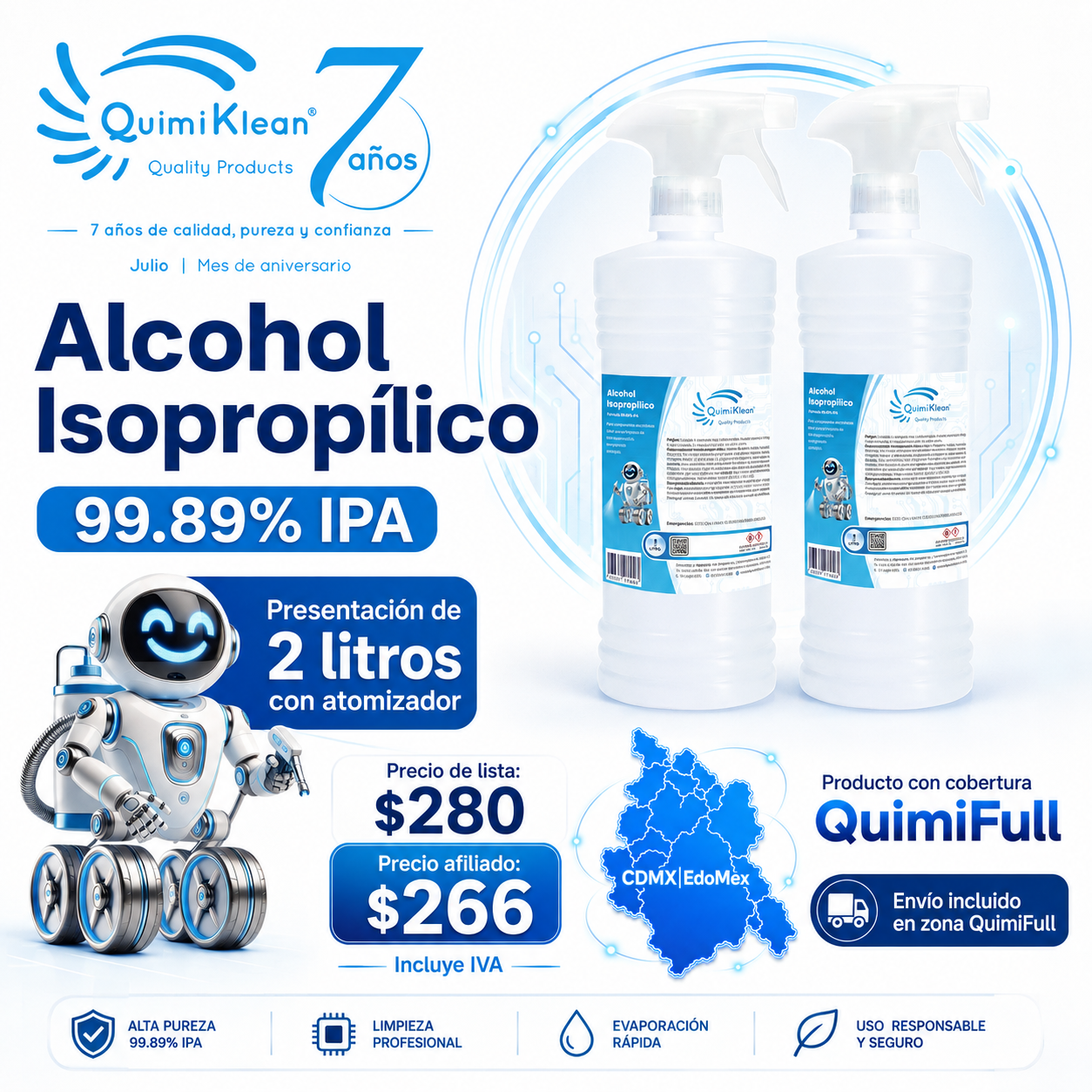 Alcohol Isopropílico 2 Litros c/atomizador Envío Gratis CDMX y EdoMex* | Quimiklean