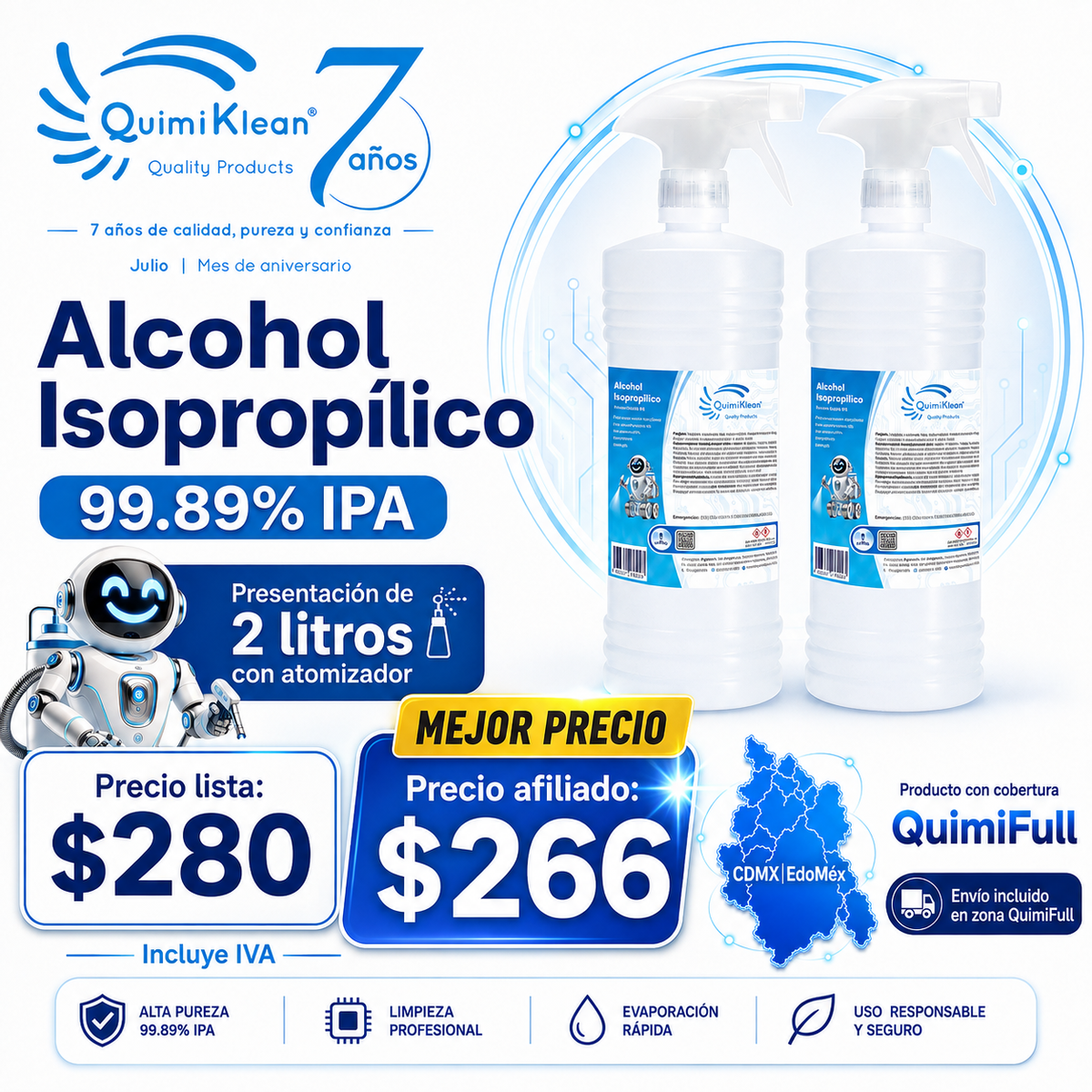 Alcohol Isopropílico 2 Litros c/atomizador Envío Gratis CDMX y EdoMex* | Quimiklean