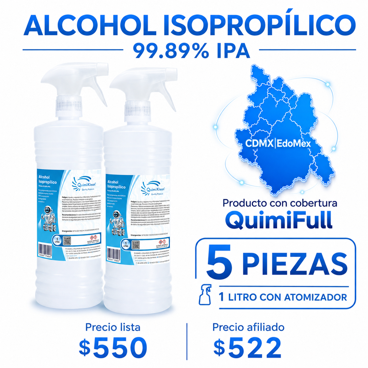 Alcohol Isopropílico 5 Litros c/atomizador Envío Gratis CDMX y EdoMex* | Quimiklean