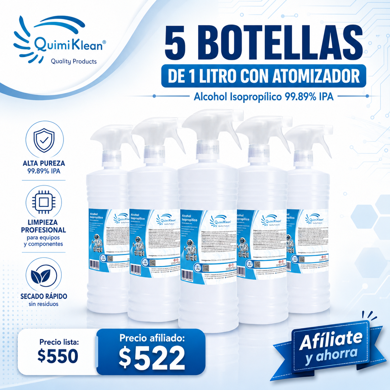 Alcohol Isopropílico 5 Litros c/atomizador Envío Gratis CDMX y EdoMex* | Quimiklean