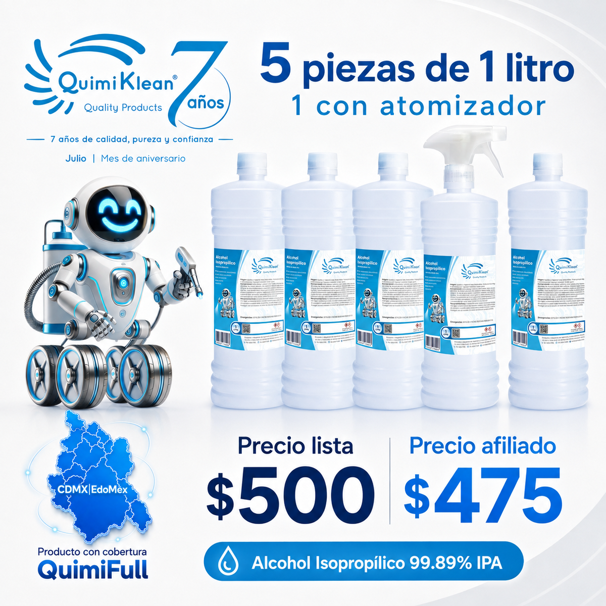 Alcohol Isopropílico 5 Litros con 1 atomizador Envío Gratis CDMX y EdoMex* | Quimiklean