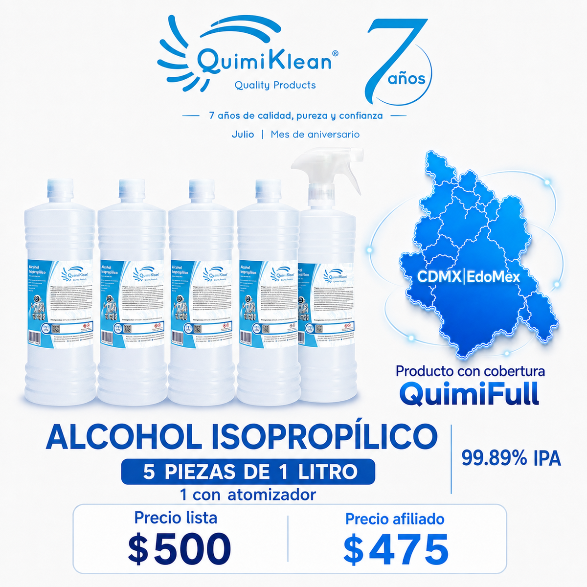Alcohol Isopropílico 5 Litros con 1 atomizador Envío Gratis CDMX y EdoMex* | Quimiklean