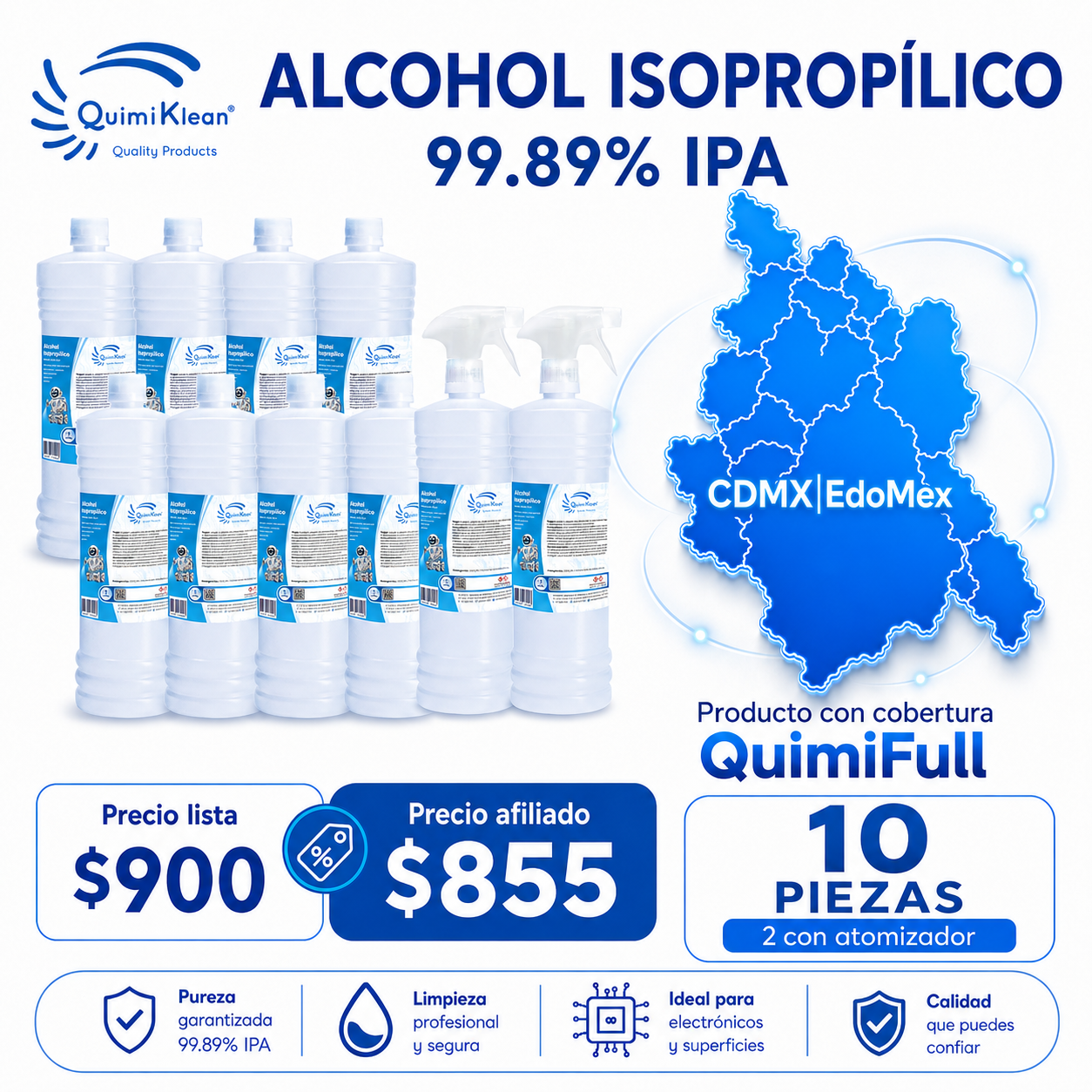 Alcohol Isopropílico 10 Litros con 2 atomizadores Envío Gratis CDMX y EdoMex* | Quimiklean