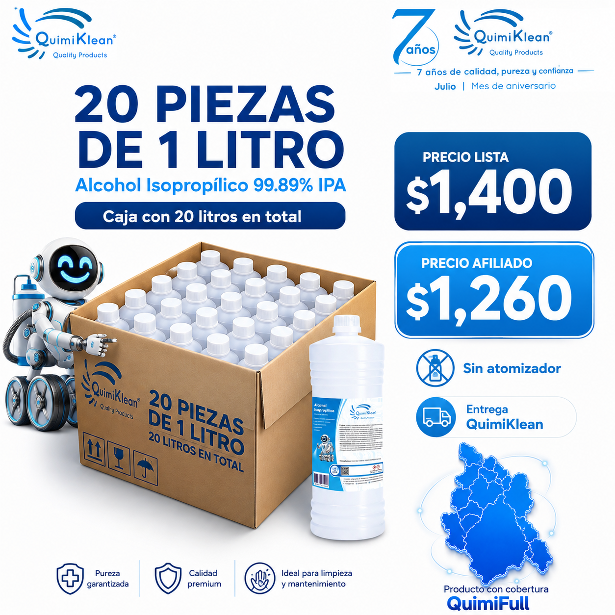 Alcohol Isopropílico 20 piezas de 1 Litro Envío Gratis CDMX y EdoMex* | Quimiklean