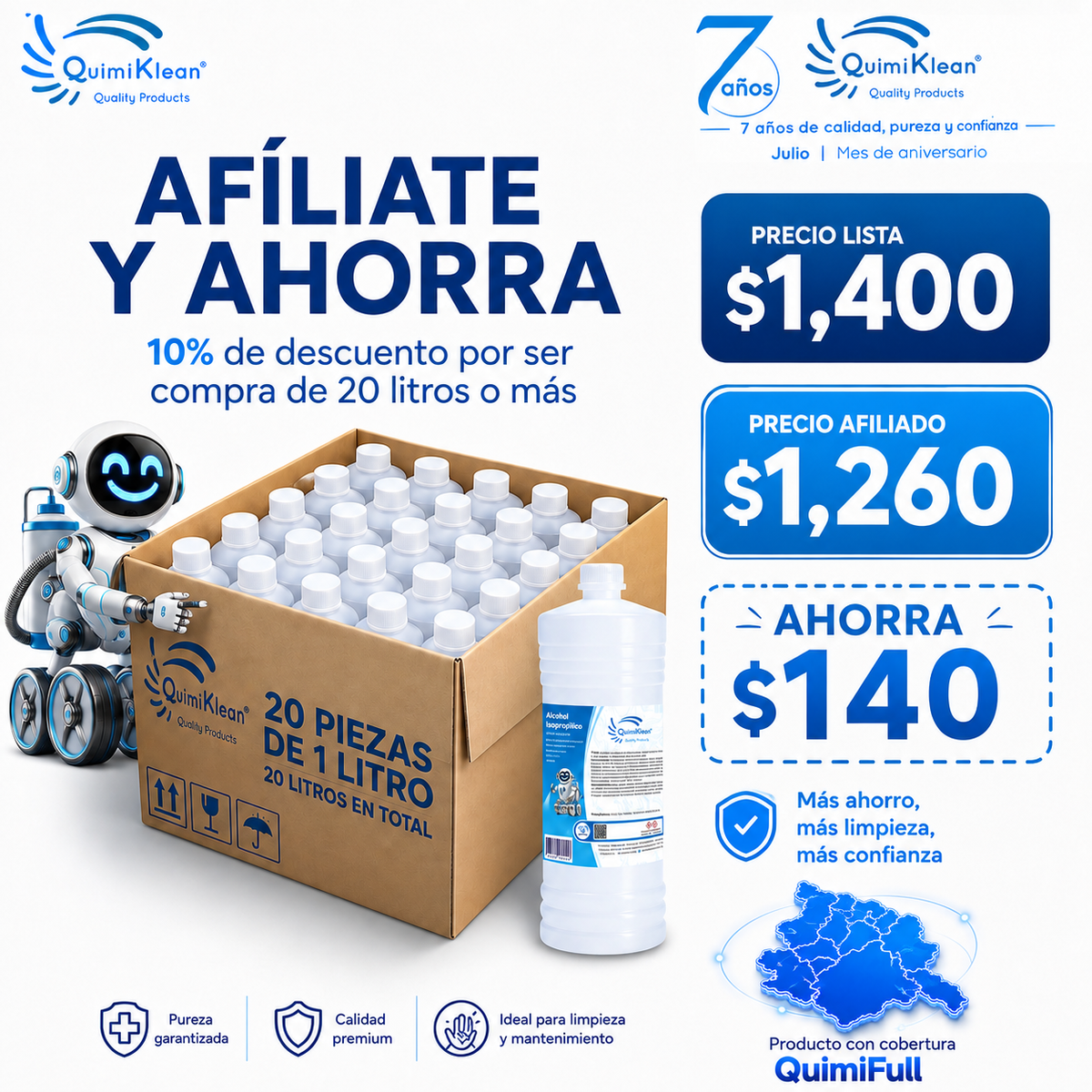 Alcohol Isopropílico 20 piezas de 1 Litro Envío Gratis CDMX y EdoMex* | Quimiklean