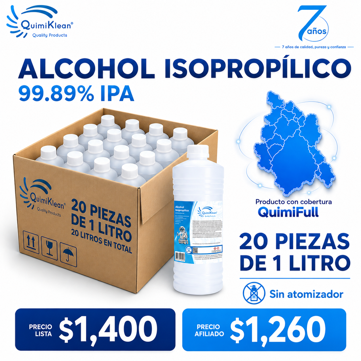 Alcohol Isopropílico 20 piezas de 1 Litro Envío Gratis CDMX y EdoMex* | Quimiklean