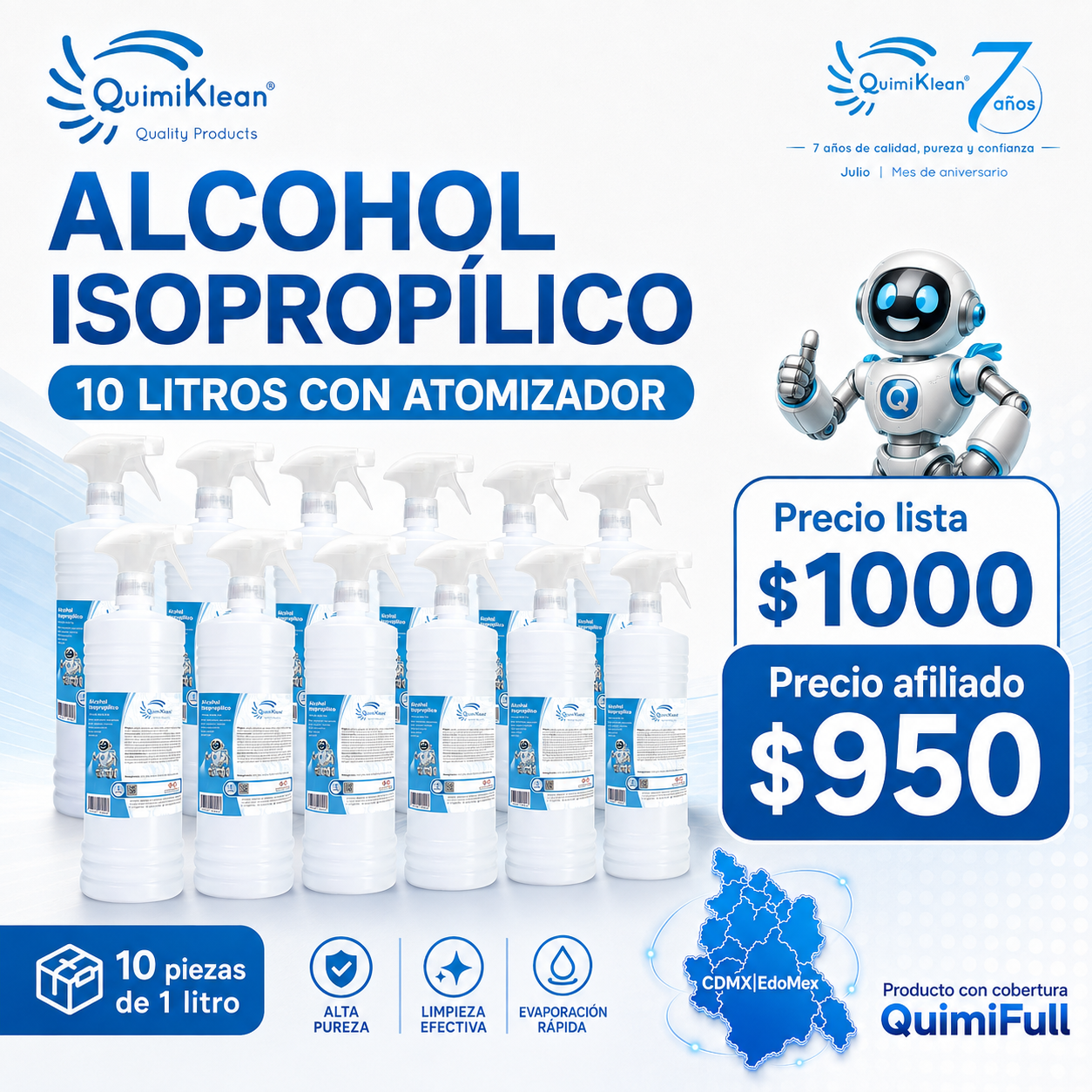 Alcohol Isopropílico 10 piezas de 1 Litro con atomizador Envío Gratis CDMX y EdoMex* | Quimiklean