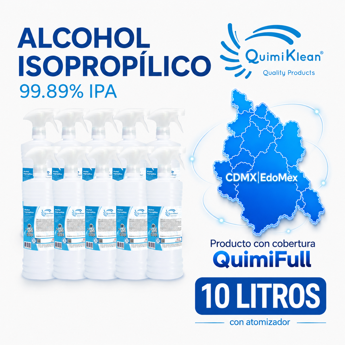 Alcohol Isopropílico 10 piezas de 1 Litro con atomizador Envío Gratis CDMX y EdoMex* | Quimiklean