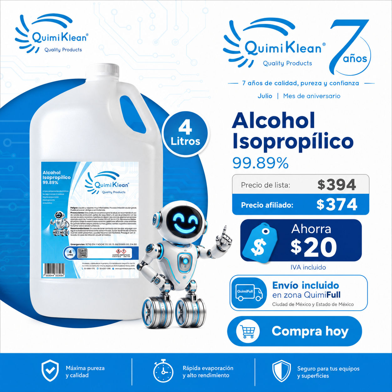 Alcohol Isopropílico 4 Litros Envío Gratis CDMX y EdoMex* | Quimiklean