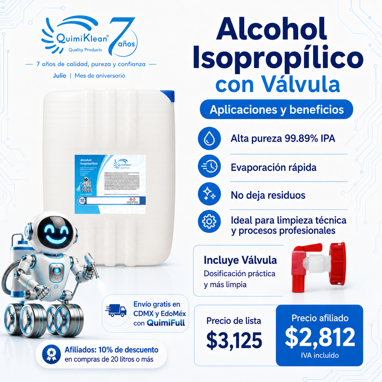 Alcohol Isopropílico 50 Litros Con Válvula Envío Gratis CDMX y EdoMex* | Quimiklean