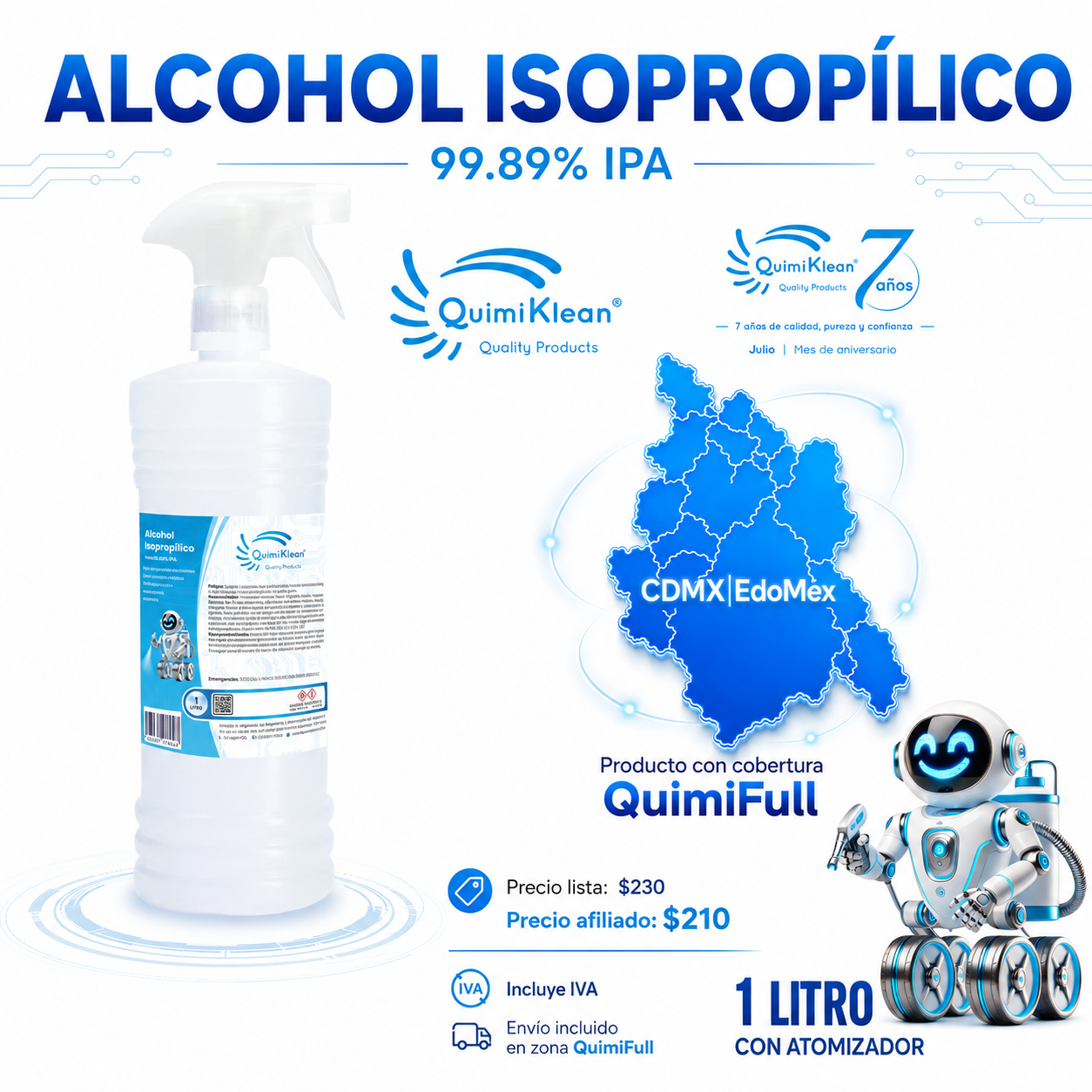 Alcohol Isopropílico 1 Litro c/atomizador Envío Gratis CDMX y EdoMex* | Quimiklean