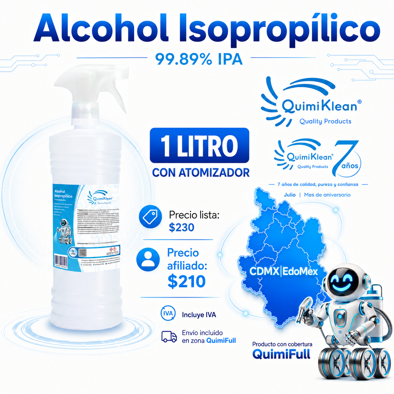 Alcohol Isopropílico 1 Litro c/atomizador Envío Gratis CDMX y EdoMex* | Quimiklean