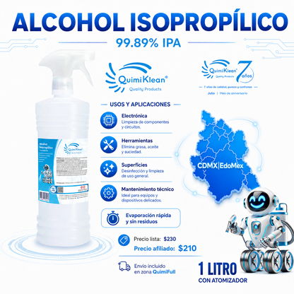 Alcohol Isopropílico 1 Litro c/atomizador Envío Gratis CDMX y EdoMex* | Quimiklean