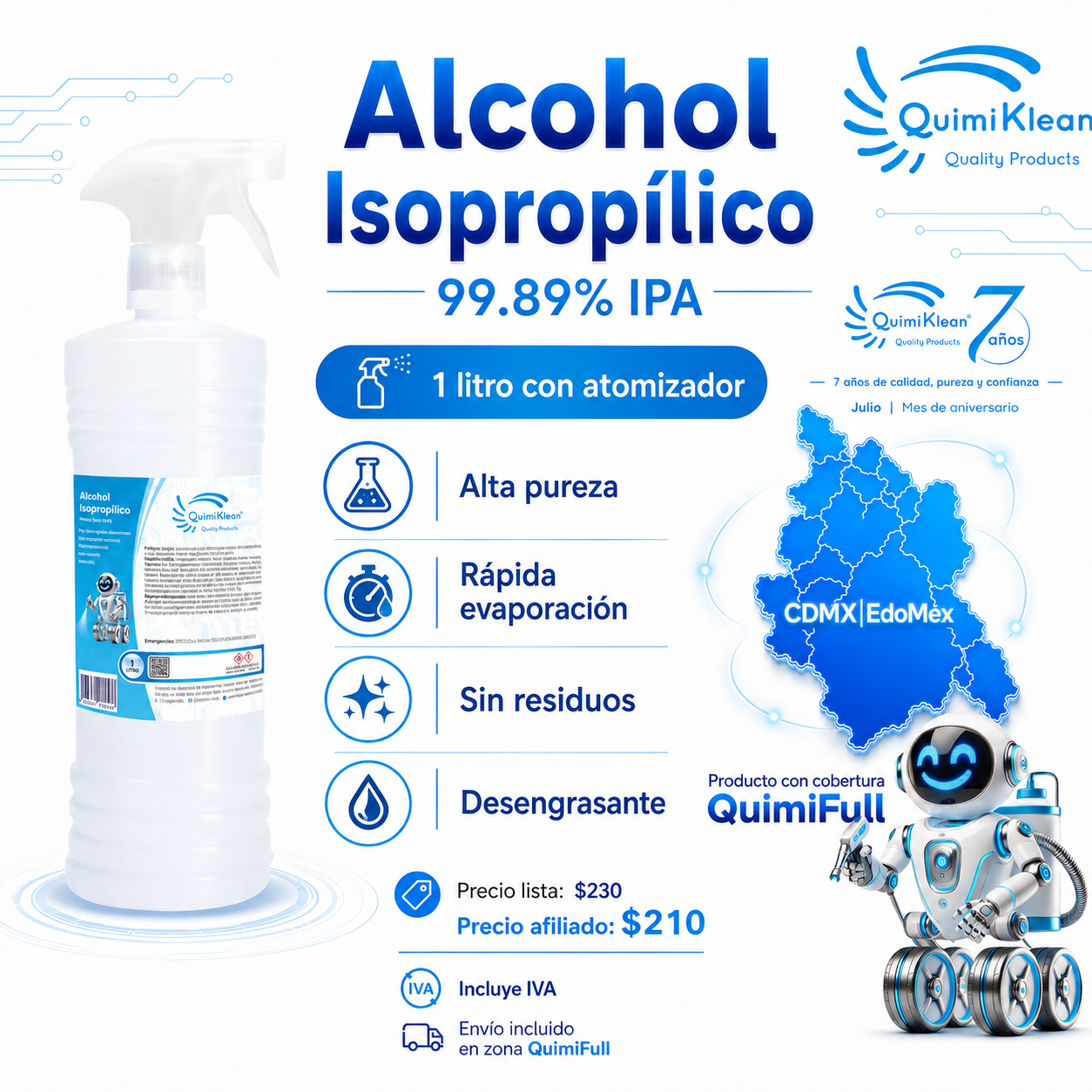 Alcohol Isopropílico 1 Litro c/atomizador Envío Gratis CDMX y EdoMex* | Quimiklean