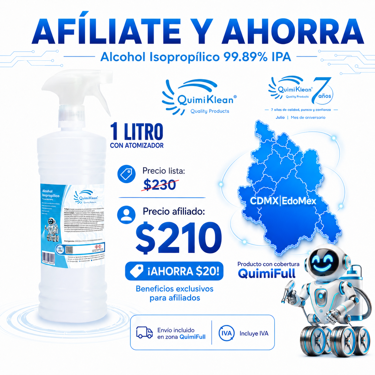 Alcohol Isopropílico 1 Litro c/atomizador Envío Gratis CDMX y EdoMex* | Quimiklean